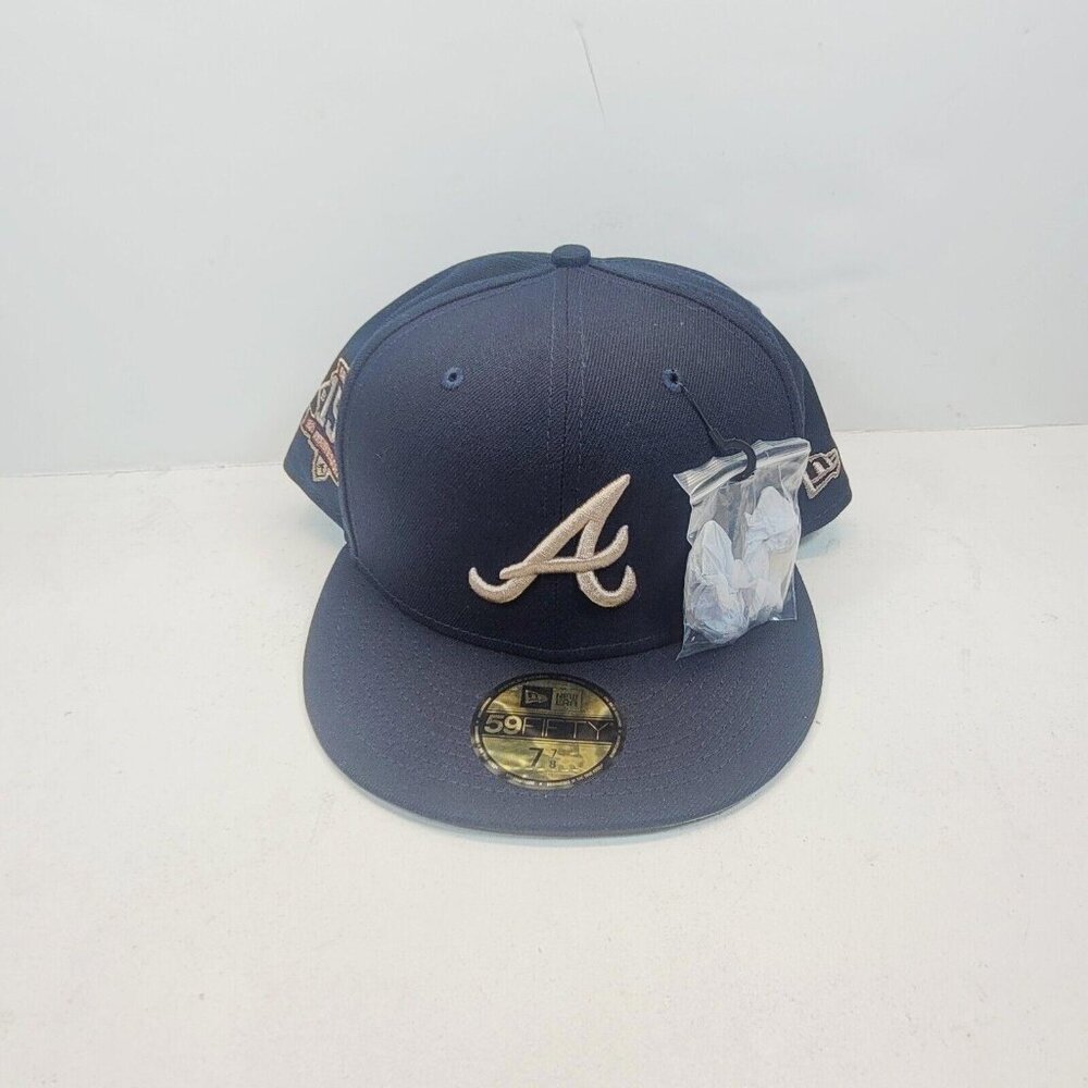 Rare Atlanta Braves Men's New Era Gold Leaf 59FIFTY Fitted Hat Navy Size 7 7/8